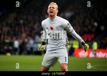 London, UK. 03rd Nov, 2019. Kasper Schmeichel of Leicester City celebrates his team's second goal during the Premier League match between Crystal Palace and Leicester City at Selhurst Park, London, England. Photo by Tom Smeeth. Editorial use only, license required for commercial use. No use in betting, games or a single club/league/player publications. Credit: UK Sports Pics Ltd/Alamy Live News Stock Photo