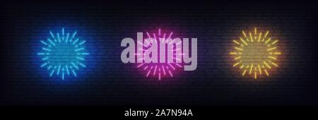 Neon firework burst. Set of glowing neon firework signs Stock Vector