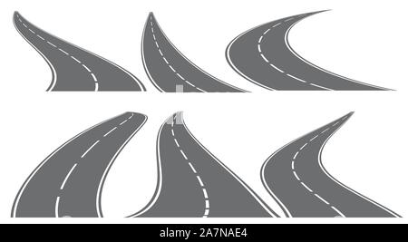 Set of six vector roads wit white marks isolated on transparent background. Vector EPS 10. Stock Vector