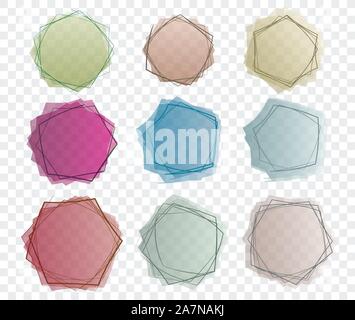 Set of 9 unusual broken, curved colored, semi transparent round frames for your design. Stock Vector