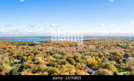 Drone image of North Haven and a distant Sag Harbor, NY Stock Photo