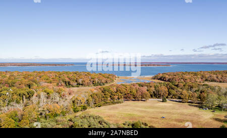 Drone image of North Haven, wet lands and distant shelter island, NY Stock Photo
