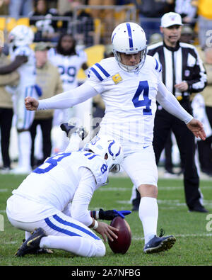 Pittsbugh, United States. 03rd Nov, 2019. Indianapolis Colts kicker Adam Vinatieri (4) misses a 43 yard field goal late in the fourth quarter giving the Pittsburgh Steelers the 26-24 win at Heinz Field in Pittsburgh on Sunday, November 3, 2019. Photo by Archie Carpenter/UPI Credit: UPI/Alamy Live News Stock Photo