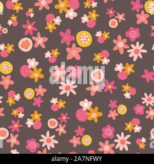 Seamless vector pattern with flat stylized Scandinavian flowers in pink gold yellow on a dark background. Decorative retro print for kids fabric Stock Vector