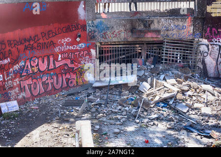 Ruined entrance to Baquedano underground station in Santiago de Chile, after the demonstration Stock Photo