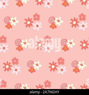 Pink and yellow ditsy flowers background. Seamless vector pattern with flat stylized Scandinavian florals. Decorative retro print for kids fabric Stock Vector