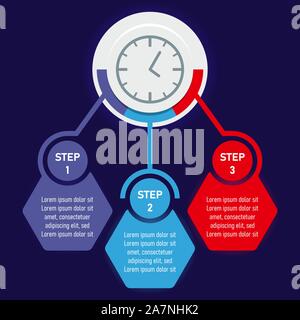 Abstract clock chart with three action steps, colored elements of infographics. Vector illustration Stock Vector