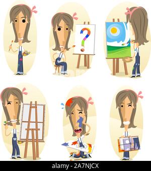 Painter painting on canvas, Cartoon Visual artist action set. Vector illustration cartoon. Stock Vector