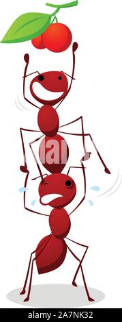 Ants helping each other to make a stair to fetch cherry, with two ants stair vector illustration and two cherry with leaf. Stock Vector