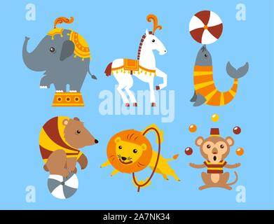 Circus trained elephant, horse, seal, bear, lion, monkey animals vector illustration. Stock Vector