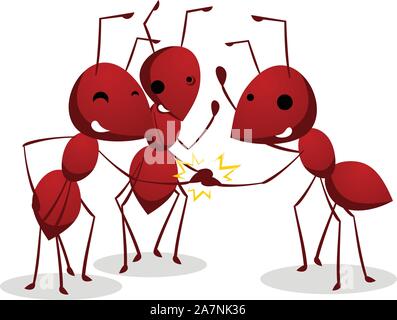 Three Ants team shaking teamwork hands, with three brown ants vector illustration. Stock Vector