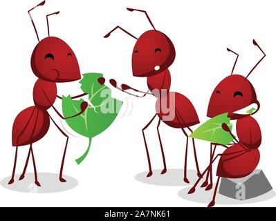 Group of three cartoon ants eating green leafs together, three brown ants vector illustration. Stock Vector