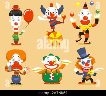 set of six clown performing different fun activities vector cartoon illustrations Stock Vector