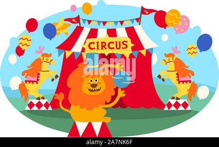 Circus lion vector illustration, with multi coloured balloons and red and white circus tent. Also, circus banner and horses. Stock Vector