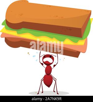 Brown Ant lifting an enourmous weight sandwich, with a brown strengthened ant and a cheese, lettuce and ham vector illustration. Stock Vector
