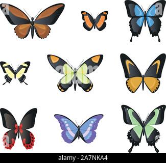 Nine isolated butterflies, with nine Flying Butterfly Invertebrate Arthropod Insect Set Spring Season butterflies in different shapes Stock Vector