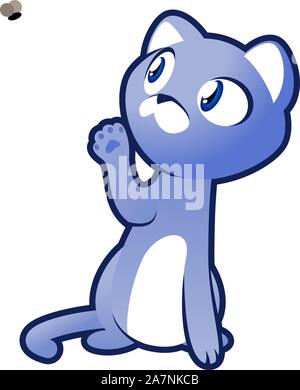 Cute cat playing with a fly, vector illustration. Standing focused kitten with one hand up to chase fly. Stock Vector