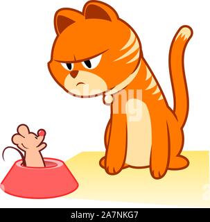Tabby cat Caught mouse. Mouser, feline, kitty, pussycat kitten vector illustration. With mouse on tabby cat's dish. Stock Vector