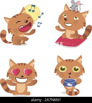 Cat set with four kittens in four different situations like: singing tabby, kit with mouse on its head, kitten with heart shape eyes and eating tomcat Stock Vector