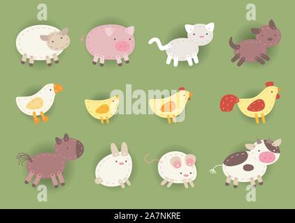 Countryside animals made out of cloth, chicken, cow, horse, dog, cat, pig, rabbit,sheep, duck and rooster. Vector illustration. Stock Vector
