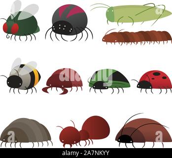Cartoon insect collection, like: peacock butterfly, fly, bug, ant, locust, wasp, caterpillar, centipede, black widow, moth, beetle, spider, ladybug, d Stock Vector