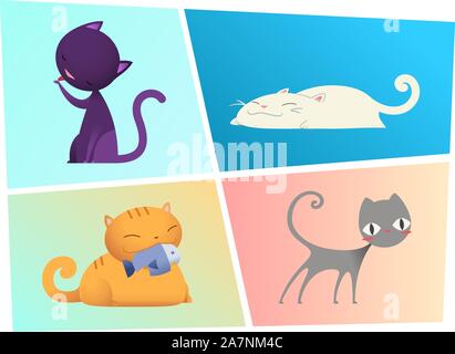 Kitty Cats kitten cat kit pussycat vector illustration, with violet cat, white cat, orange cat and grey cat vector illustration. Stock Vector