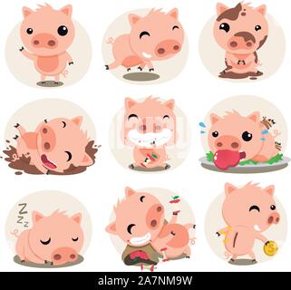 Vector image of a cute running pig on a pink background. Illustration ...
