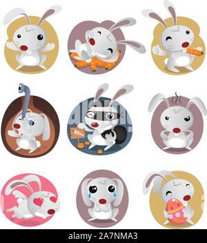 Rabbit Set with nine different bunnies like: Standing Bunny, Cony sleeping on carrots, Leveret eating carrot, spying bunny, bunny burglar, in love bun Stock Vector