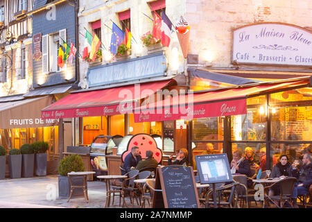 La Maison Bleu Cafe at dusk, Honfleur Harbour, Honfleur, Normandy, France Stock Photo