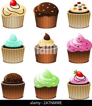Cupcake cup cake icon set, with nine cupcakes with different topping vector illustration. Stock Vector