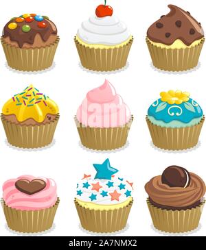 Cupcake cup cake icon set, with nine cupcakes with different topping vector illustration. Stock Vector