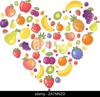 Fruit Fruits Heart Shape, with heart made of apple, peach, pear, lemmon, grape, strawberry, bananas, pineapple. Vector Illustration cartoon. Stock Vector