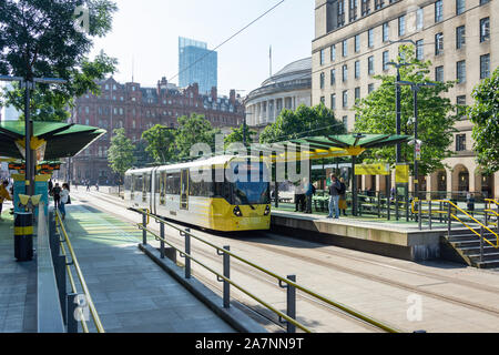 Manchester Metrolink train at St Peter's Square Station, St Peter's Square, Manchester, Greater Manchester, England, United Kingdom Stock Photo