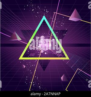 Triangle Pyramid futuristic Retro 80's Style Background, vector illustration cartoon. Stock Vector