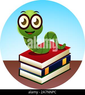 Smiling Bookworm standing over three books, looking at camera, with happy face vector illustration. Stock Vector