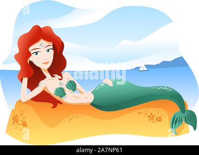 Mermaid lying on a rock at the beach. Stock Vector