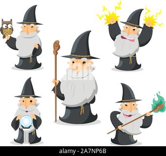 Cartoon Wizard in action With owl and crystal ball vector illustration. Stock Vector