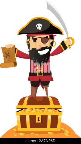 Pirate Captain Standing on Coin Coffin with Eye Patch and Sword vector illustration. Stock Vector