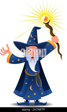 wizard casting a spell cartoon illustration. Stock Vector