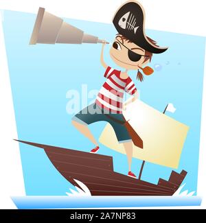 Pirate kid with binoculars looking at the horizon vector illustration. Stock Vector