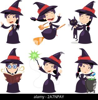 Witch set with witch wearing a black dress with a witch hat, flying on broom, with witch black cat, with witch book, with magic wand and with magic po Stock Vector