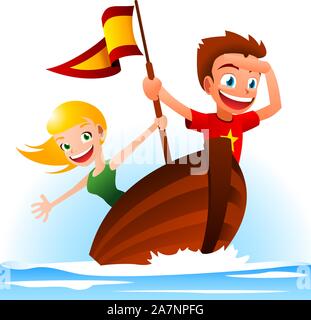 A boy and a girl sailing away, looking for adventure. Stock Vector