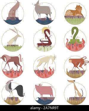 Chinese zodiac sign icon symbols Stock Vector