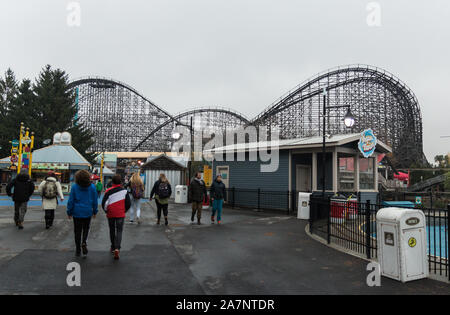 May 2019. Le Monstre (The Monster) roller coaster at La Ronde (Round). Amusement park located on Saint Helen's Island in Montreal, owned by Six Flags. Stock Photo