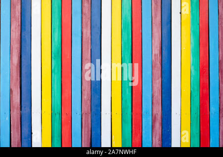 Placard of colorful  wooden planks as background . Full frame shot of multi colored wall . Stock Photo