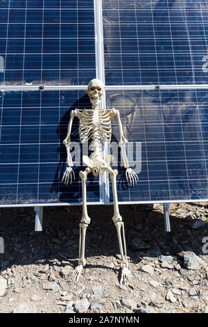 Skeleton leaning on solar panels in the desert Stock Photo