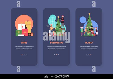 winter holidays preparation concepts collection merry christmas happy new year holiday celebration mobile app screen set people wearing santa hats horizontal full length copy space vector illustration Stock Vector