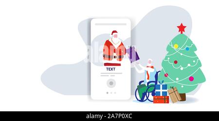 santa claus from smartphone screen giving present gift box to disabled man on wheelchair online mobile app merry christmas happy new year holiday celebration concept horizontal full length vector illustration Stock Vector