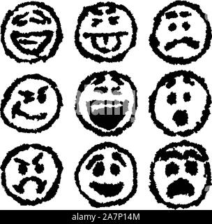 Set of emoji or emoticon icons with grungy sketch drawing style Stock Vector