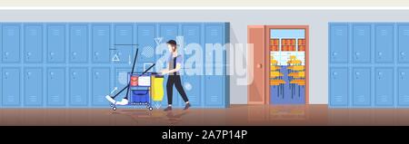 man cleaner pushing trolley cart with supplies male janitor in uniform cleaning service concept modern school corridor interior with row of lockers full length horizontal vector illustration Stock Vector